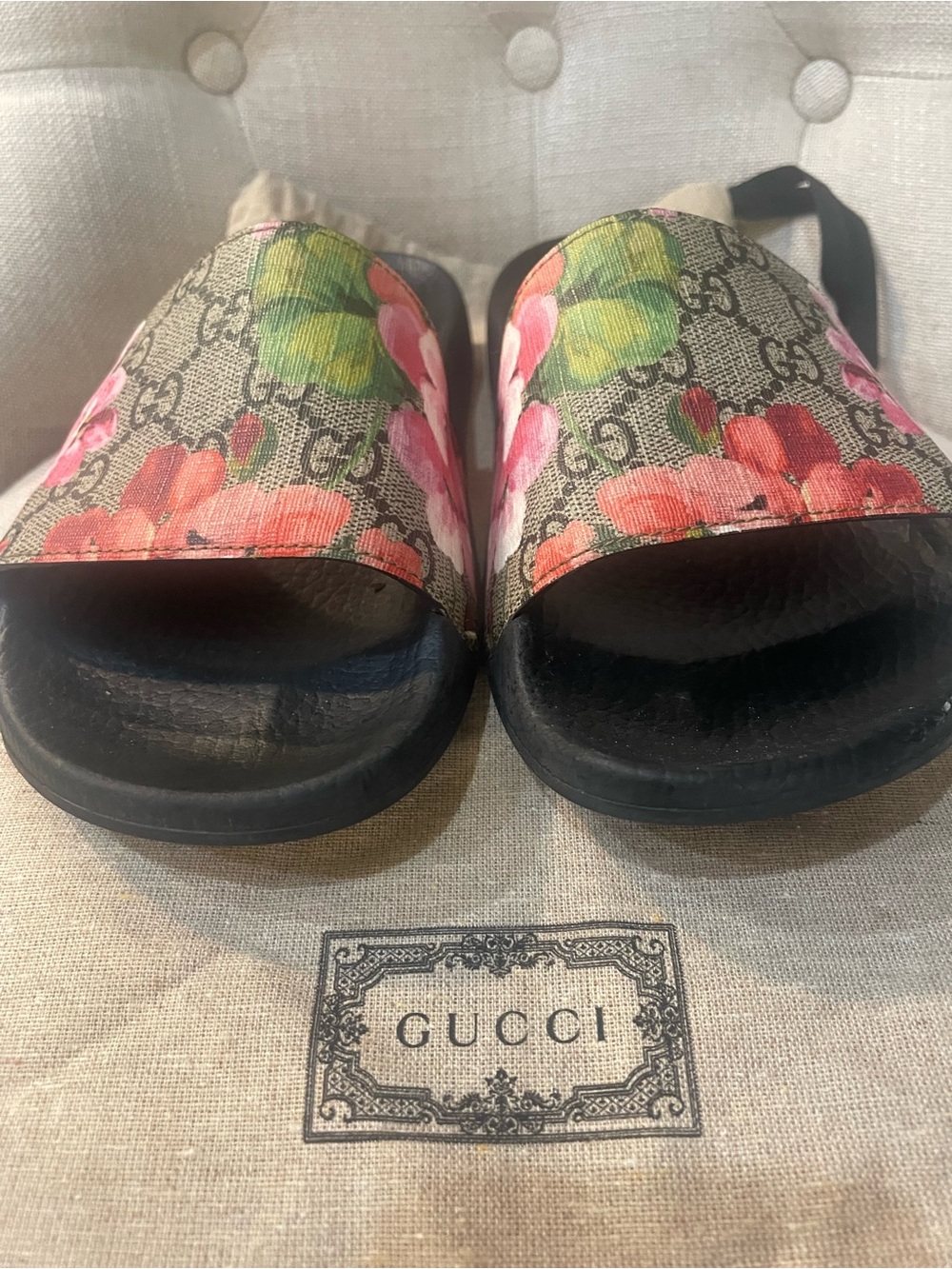 Gucci women Floral GG Canvas Slide Sandals in Pink, Green & Black